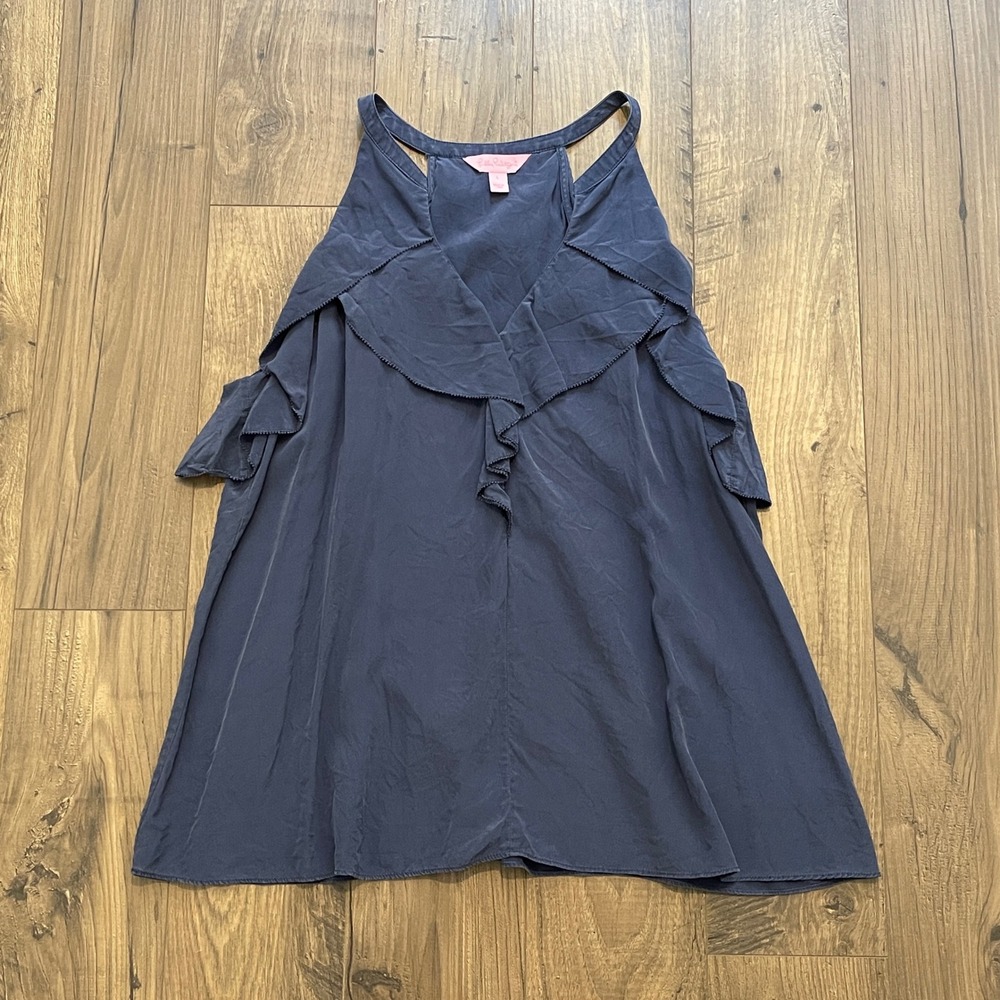 Lilly Pulitzer Navy Blue 100% Silk Ruffle Cold Shoulder Tank Top Size L 28310